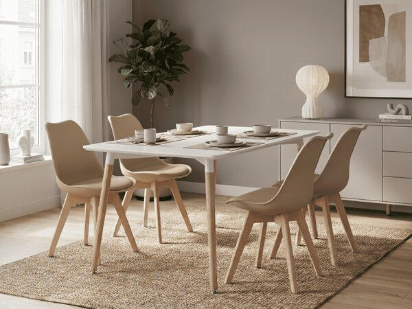 Blagovaonski set 1 + 4, bijeli stol ADRIA 120x80 cm + bež stolica BALI MARK sa bukovim nogama