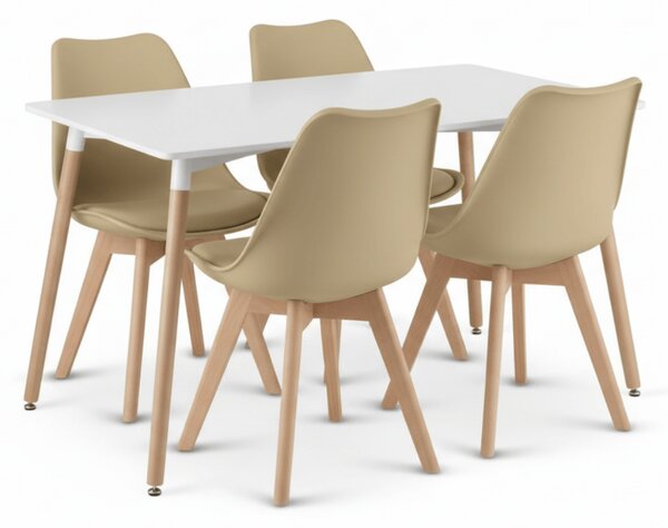 Blagovaonski set 1 + 4, bijeli stol ADRIA 120x80 cm + bež stolica BALI MARK sa bukovim nogama
