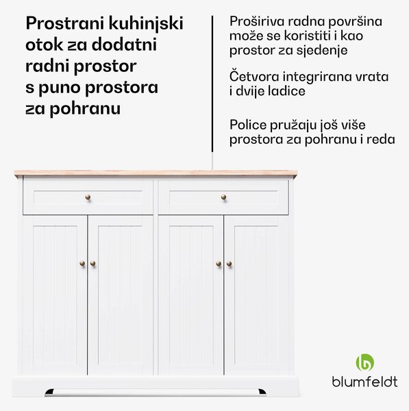 Blumfeldt Etsu, kuhinjski otok, produljiva radna ploča, 2 ladice, 4 vrata, može se koristiti kao blagovaonski stol, spremište, lako se čisti
