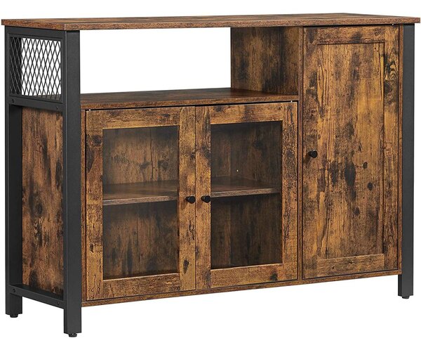 Ormar za odlaganje, švedski stol s 3 vrata, 110 x 75 x 33 cm, rustikalno smeđa i crna | VASAGLE