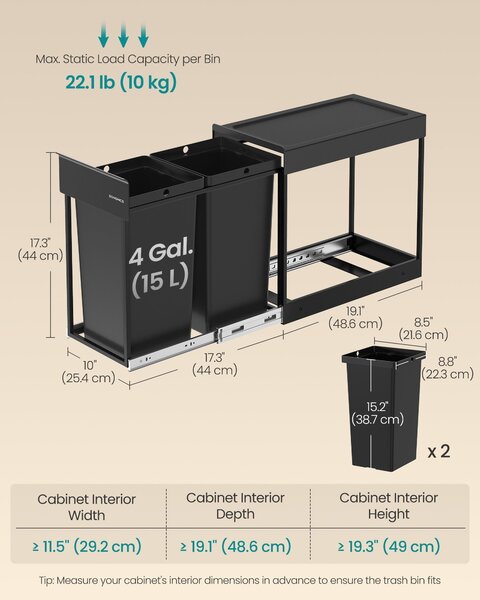 Ugradbena kanta za razvrstavanje otpada, 2 x 15 L, crna