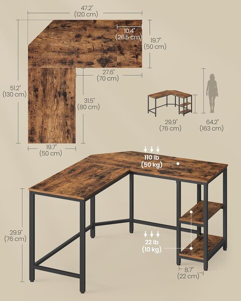 Računalni stol, L-oblik kutni stol, 120 x 130 x 76 cm, rustikalna smeđa i crna