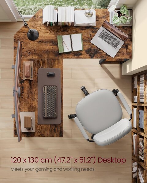 Računalni stol, L-oblik kutni stol, 120 x 130 x 76 cm, rustikalna smeđa i crna