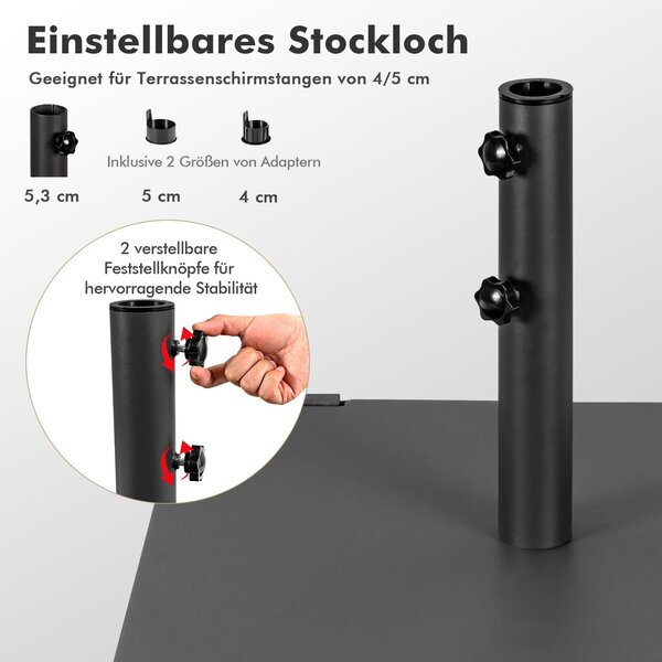 Stalak za vrtni suncobran težak 22,5 kg, kvadratni držač za suncobran s adapterima 4 cm/5 cm, crni