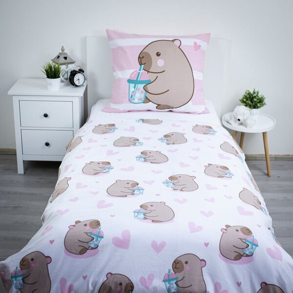 Ružičasta pamučna dječja posteljina za krevet za jednu osobu 140x200 cm Kapybara – Jerry Fabrics