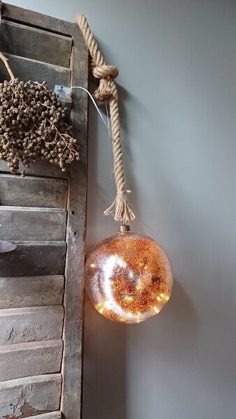 LED božićni ukras s užetom od jute, zlatni, promjera 12 cm