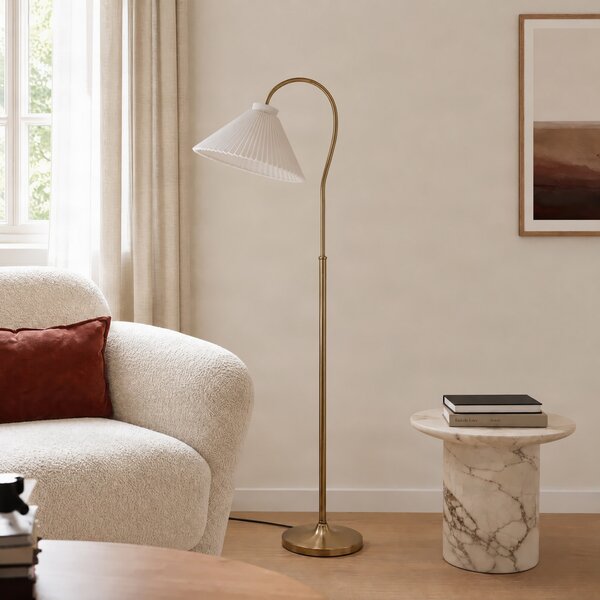 Lucande Podna lampa Lisbeth, visina 162 cm, bijela/mesing, E27, Bijela, Dnevni boravak/blagovaonica, Tkanina / tekstil