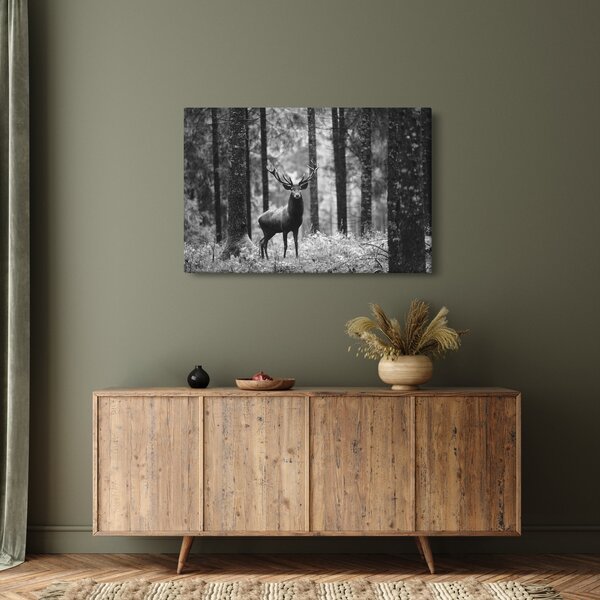Slika - Jelen u šumi 2, crno-bijela (90x60 cm)