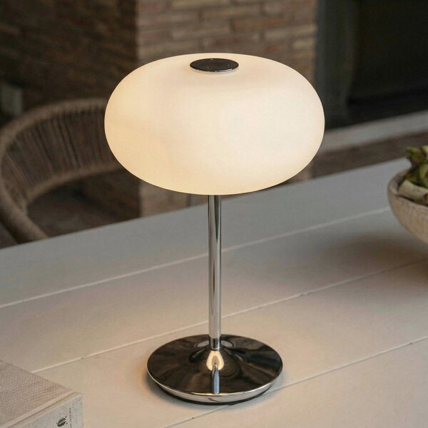 Lucande Anoria LED punjiva stolna lampa, krom/bijela, staklo, IP44, USB, prigušiva, Krom, Dnevni boravak/blagovaonica, Staklo