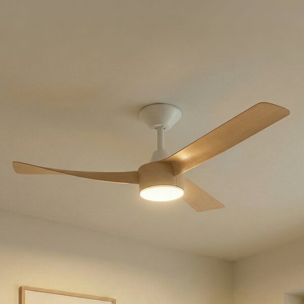 Lucande Airona LED stropni ventilator, bijela/drvo, DC, tih, podesive jačine, prigušiva, Drvo, Dnevni boravak/blagovaonica, Plastika