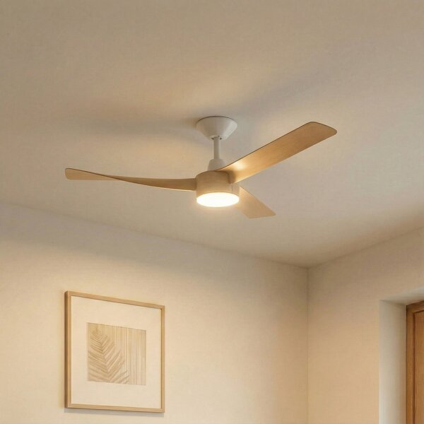 Lucande Airona LED stropni ventilator, bijela/drvo, DC, tih, podesive jačine, prigušiva, Drvo, Dnevni boravak/blagovaonica, Plastika