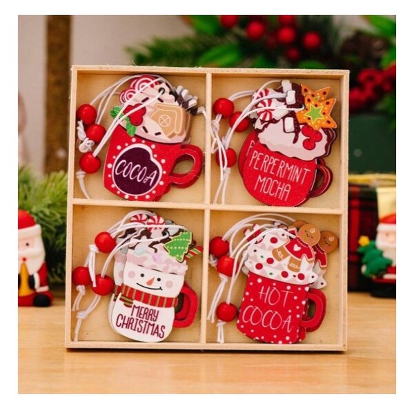 Set božićnih drvenih ukrasa HOT DRINKS, 12 kom