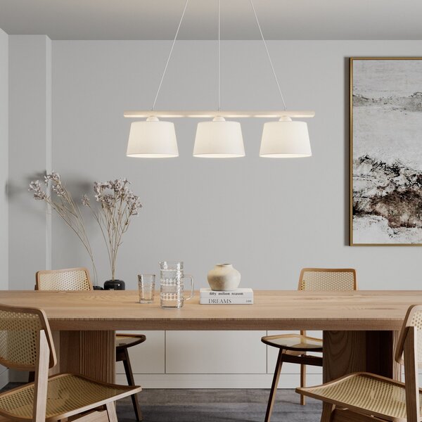 Euluna Viseća lampa Švedska, starinsko bijelo/bijelo, tekstil, drvo, 3 svjetla, prigušiva, Bijela, Dnevni boravak/blagovaonica, Tkanina / tekstil