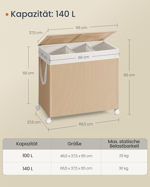 Košara za rublje s 3 pretinca, 66.5 x 37.5 x 65 cm, bež i bijele boje | SONGMICS