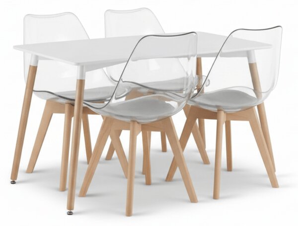 Blagovaonski set 1 + 4, bijeli stol ADRIA 120x80 cm + transparentne stolice BALI MARK s nogama od bukovine