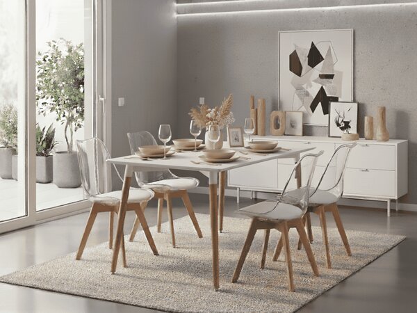 Blagovaonski set 1 + 4, bijeli stol ADRIA 120x80 cm + transparentne stolice BALI MARK s nogama od bukovine