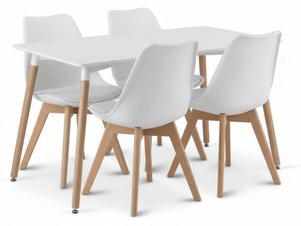 Blagovaonski set 1 + 4, bijeli stol ADRIA 120x80 cm + bijela stolica BALI MARK s nogama od bukovine