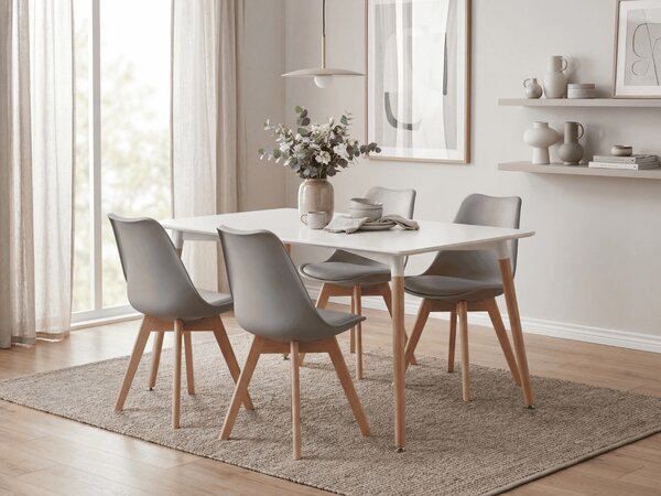 Blagovaonski set 1 + 4, bijeli stol ADRIA 120x80 cm + svjetlosiva stolica BALI MARK s nogama od bukve