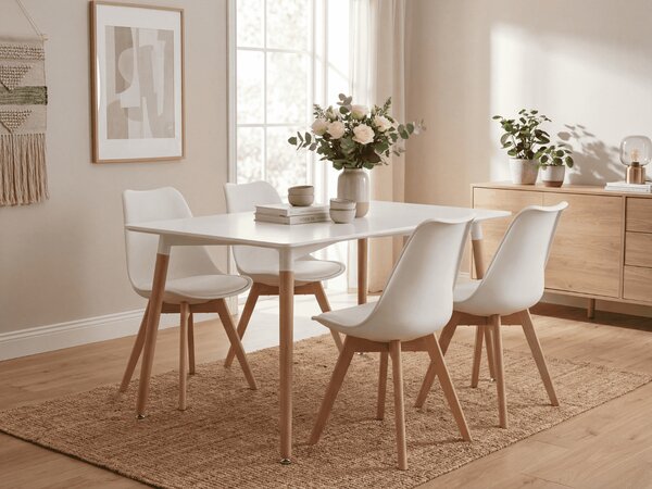 Blagovaonski set 1 + 4, bijeli stol ADRIA 120x80 cm + bijela stolica BALI MARK s nogama od bukovine