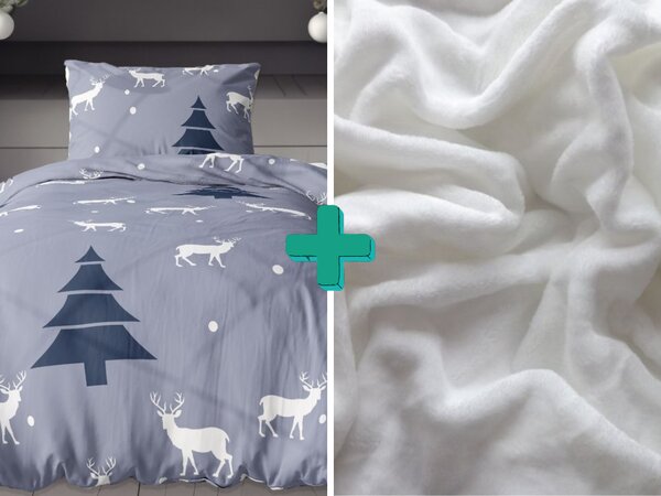 2x posteljina od flanela JELEN I DRVO siva + plahta od mikropliša SOFT 180x200 cm bijela