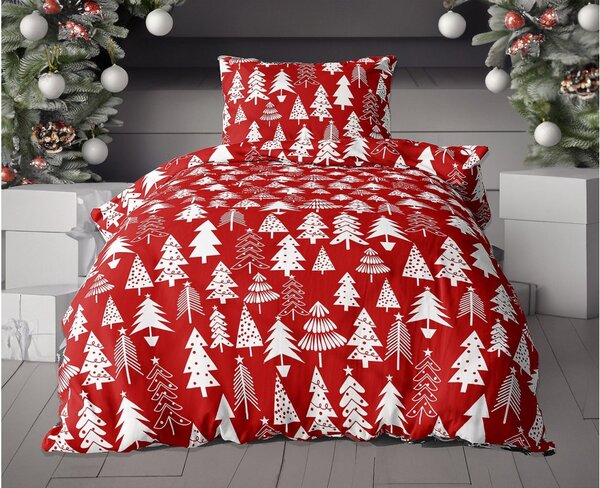 Posteljina od flanela CHRISTMAS TREES crvena + plahta od mikropliša SOFT 90x200 cm tamno siva