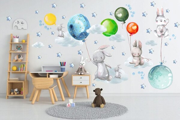 Dječje zidne naljepnice Zečići sa šarenim balonima 60 x 120 cm