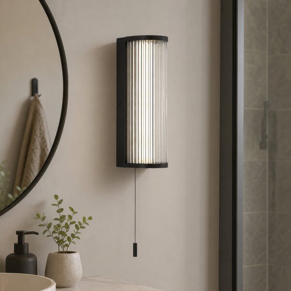 Searchlight LED zidna svjetiljka Rue, crna, IP44, metal, staklo, 3.000 K, prigušiva, Crno, kupaonica, Metal