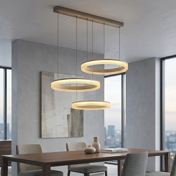Searchlight Lumen Rings 3-svjetiljkasta LED viseća lampa, pijesak, CCT, željezo, prigušiva, prigušiva, Bež, Dnevni boravak/blagovaonica, Metal