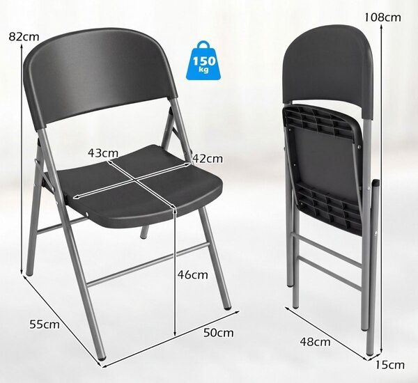 Set od 6 sklopivih stolica od metala i plastike, sklopiva stolica nosivosti 150 kg, stolice za goste, crne boje
