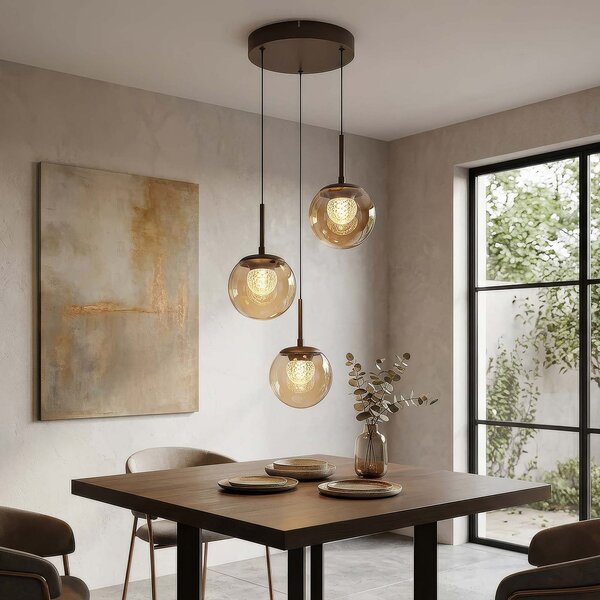 Searchlight Solis LED viseća svjetiljka, okrugla, s tri žarulje, brončana, staklena, 2.700 K, prigušiva, Bronca / stari mesing, Dnevni boravak/blagovaonica, Staklo, Metak