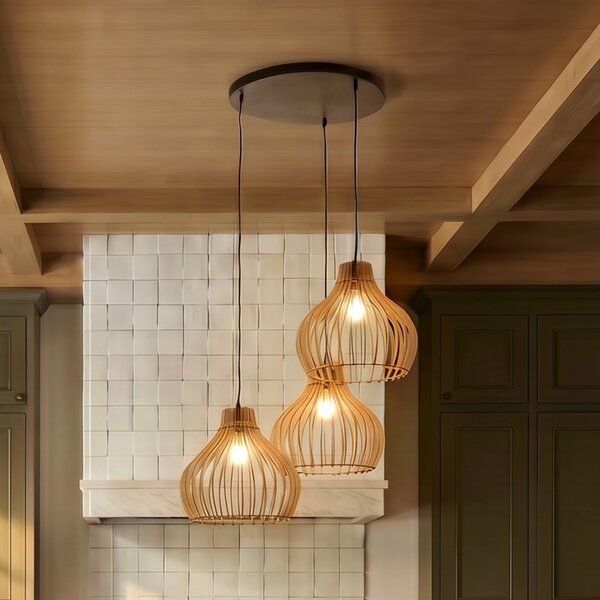 TEMAR LIGHTING Viseća svjetiljka u obliku bačve s drvenim sjenilima, 3 žarulje. oko, prigušiva, Drvo, Dnevni boravak/blagovaonica, Drvo