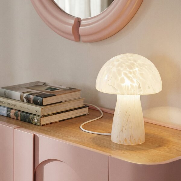 Lindby stolna lampa Hubi, bijela, staklo, Ø 22 cm, oblik gljive, Bijela, Dnevni boravak/blagovaonica, Staklo