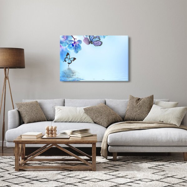 Slika - Leptir na cvjetovima orhideje, plavi (90x60 cm)