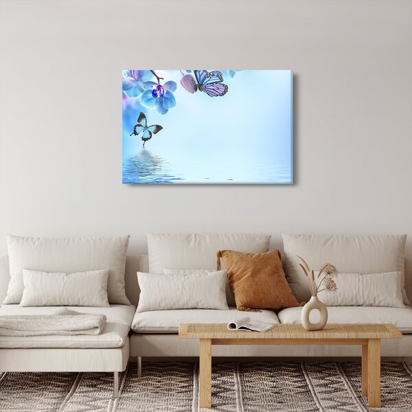 Slika - Leptir na cvjetovima orhideje, plavi (90x60 cm)