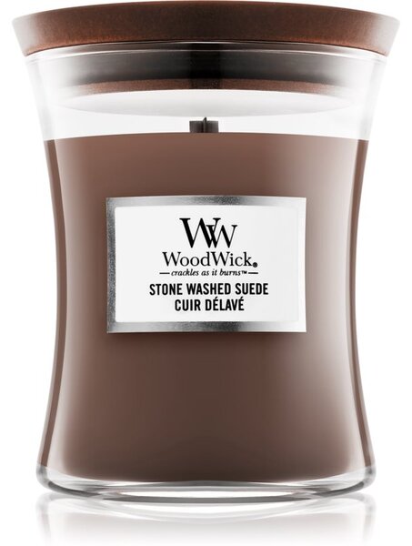 Woodwick Stone Washed Suede mirisna svijeća s drvenim fitiljem 275 g