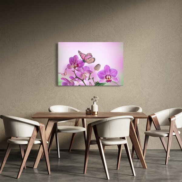 Slika - Leptir na cvjetovima orhideje, lila (90x60 cm)