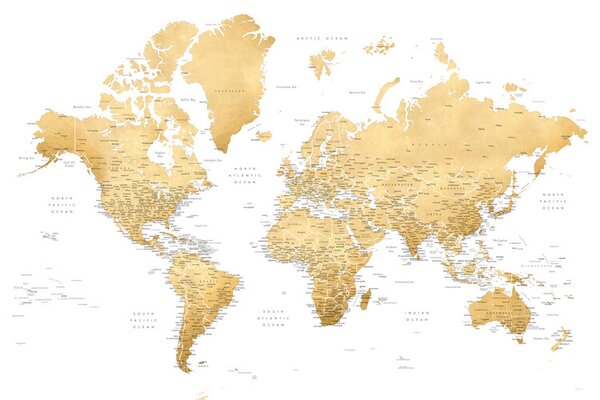 Karta Gold world map with cities, Rossie, Blursbyai, (40 x 26.7 cm)