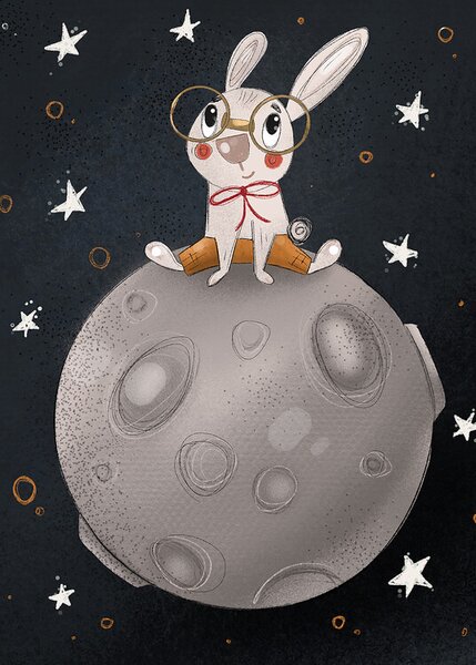 Ilustracija Rabbit on the moon, Nelli Suneli, (30 x 40 cm)