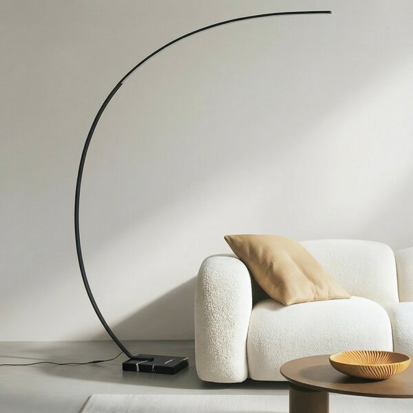 Lindby LED lučna podna lampa Kendra, crna, aluminij, visina 180cm, prigušiva, Crno, Dnevni boravak/blagovaonica, Metal