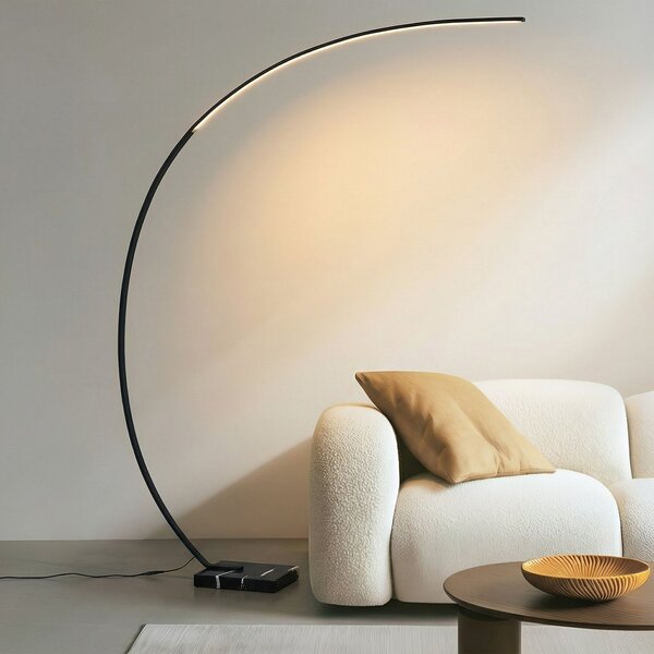 Lindby LED lučna podna lampa Kendra, crna, aluminij, visina 180cm, prigušiva, Crno, Dnevni boravak/blagovaonica, Metal