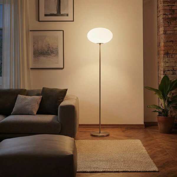 Lindby podna lampa Sonika, 175 cm, boja nikla, staklo, E27, Metalik, Dnevni boravak/blagovaonica, Metal