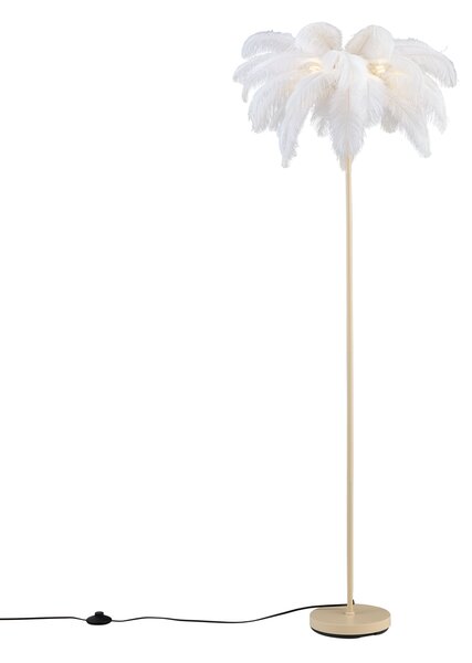 Art Deco podna svjetiljka bež boje s bijelim perjem - Peahen