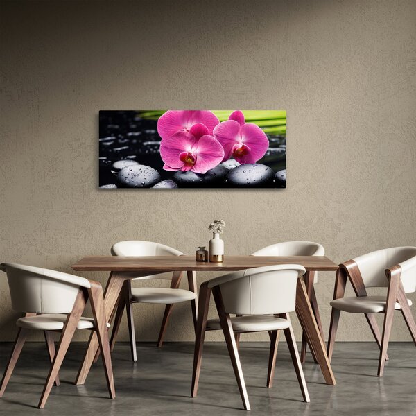 Slika - Ružičaste orhideje s palminim lišćem (120x50 cm)