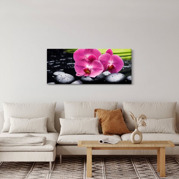 Slika - Ružičaste orhideje s palminim lišćem (120x50 cm)