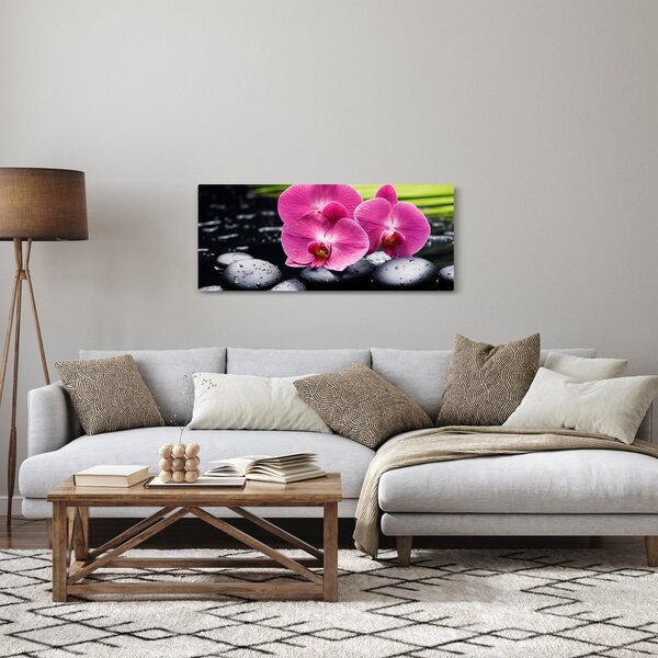 Slika - Ružičaste orhideje s palminim lišćem (120x50 cm)