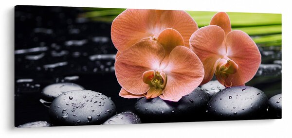 Slika - Narančasta orhideja s palminim lišćem (120x50 cm)
