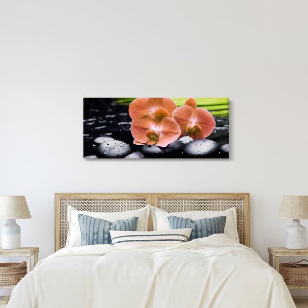 Slika - Narančasta orhideja s palminim lišćem (120x50 cm)