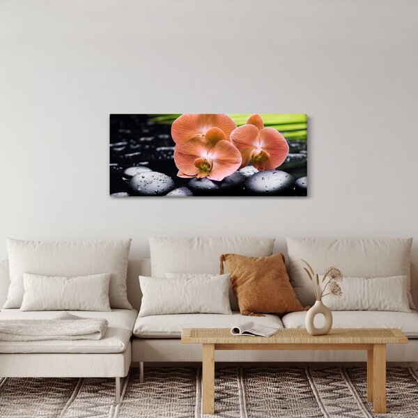 Slika - Narančasta orhideja s palminim lišćem (120x50 cm)