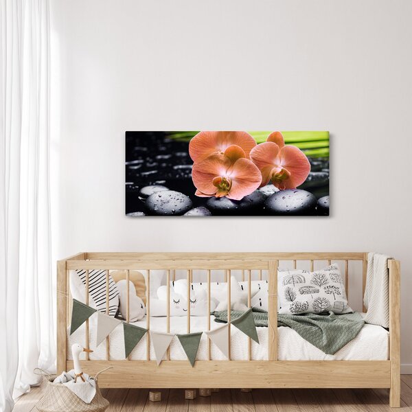 Slika - Narančasta orhideja s palminim lišćem (120x50 cm)