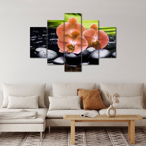 Slika - Narančasta orhideja s palminim lišćem (150x105 cm)